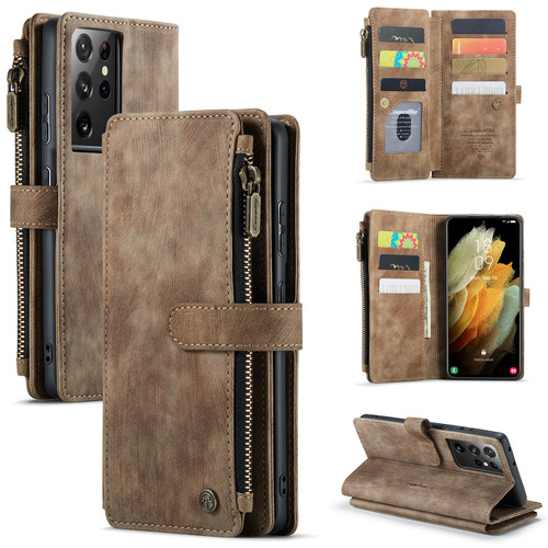 Samsung Galaxy S21 Ultra 5G CaseMe-C30 PU + TPU Multifunctional Horizontal Flip Leather Case with Holder & Card Slot & Wallet & Zipper Pocket - Brown